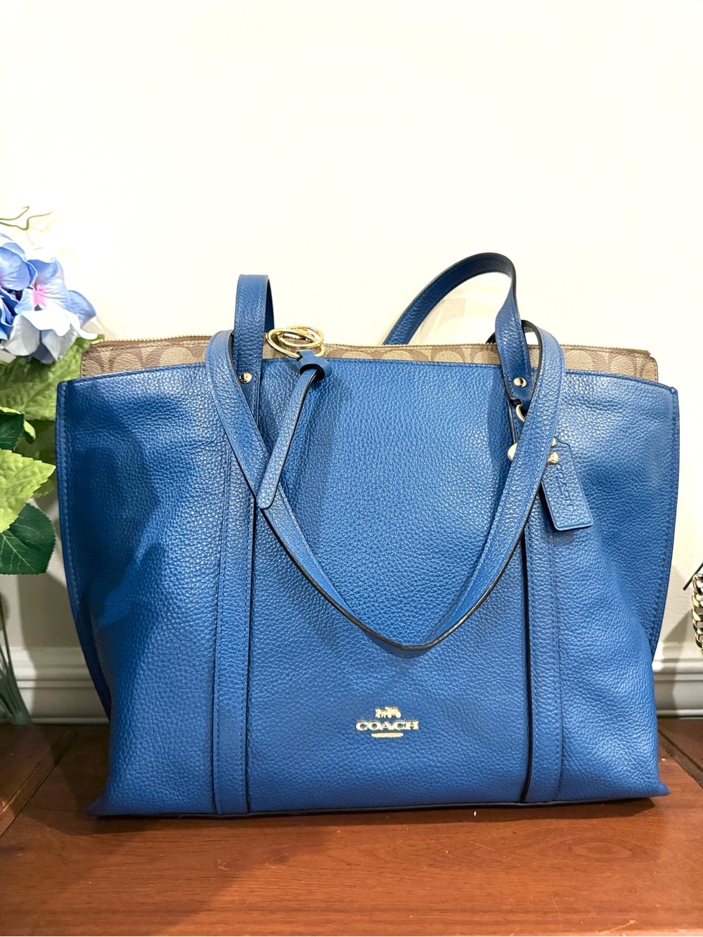 Coach Blue Pebbled Leather Tote with Signature Trim